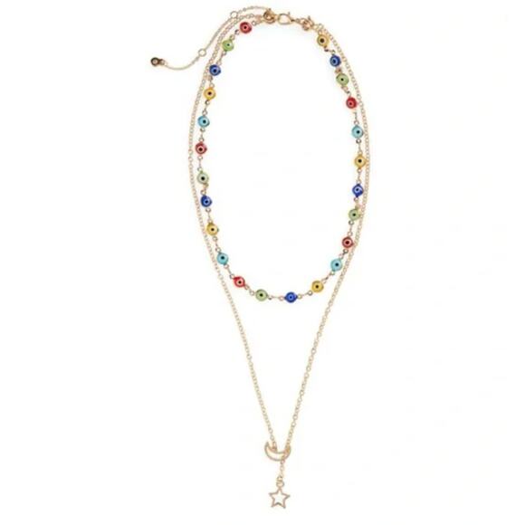 Nordstrom Layered Glass Bead Necklace Star Moon Pendant Gold Toned Chain - Picture 7 of 7